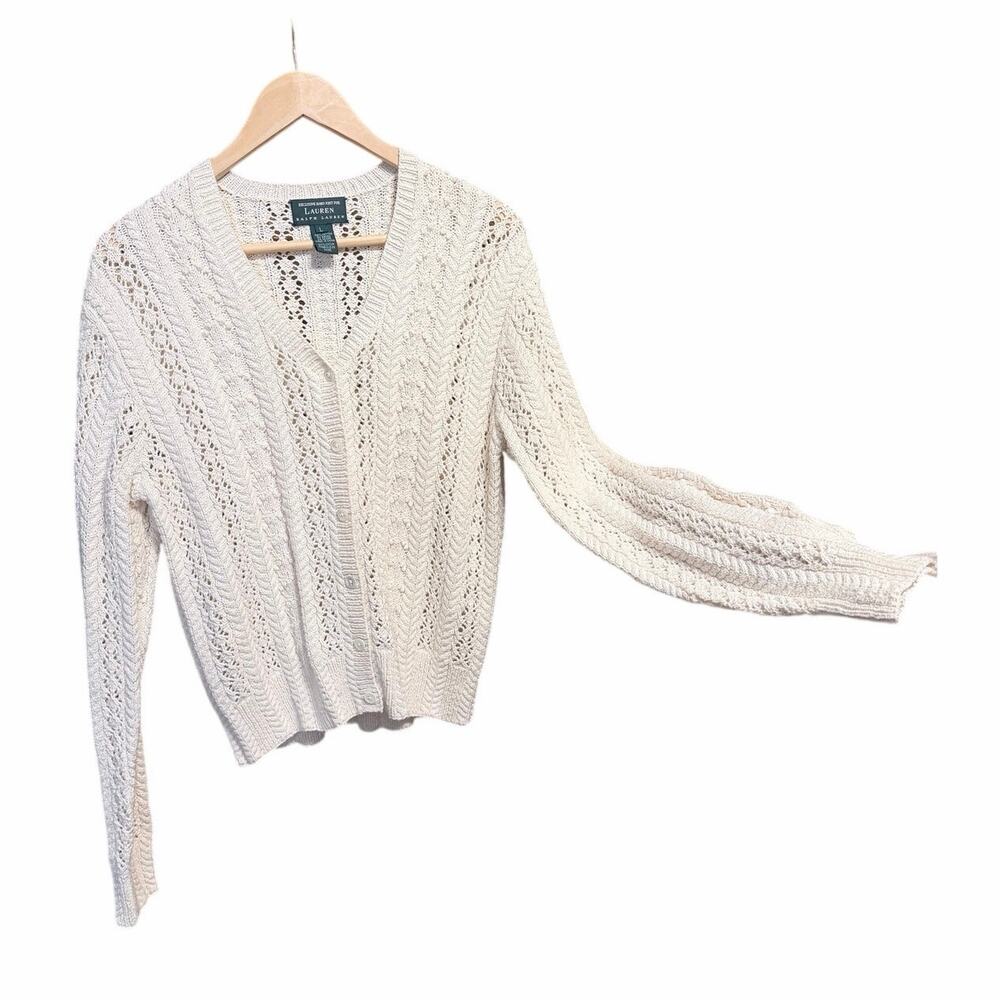Lauren Ralph Lauren hand knit white 100% cotton open weave sweater large preppy